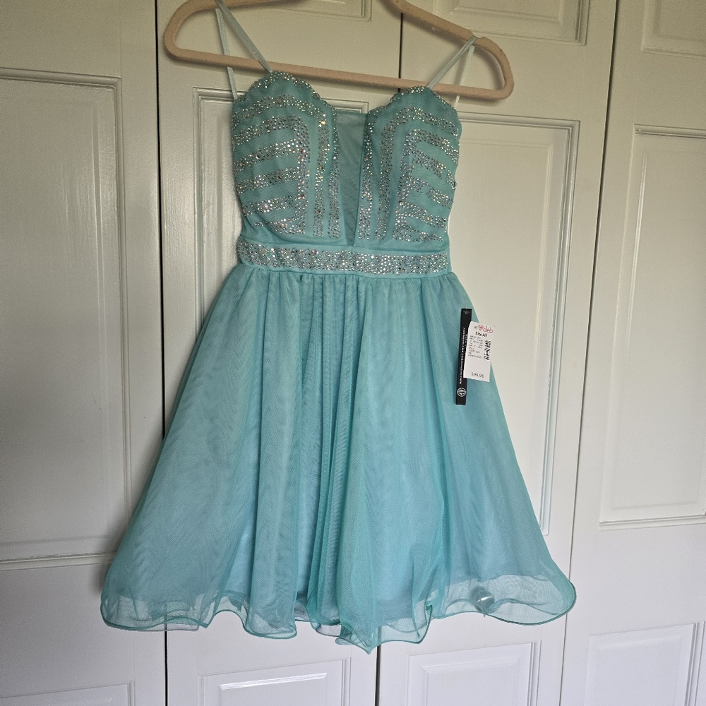 Sixe 3 teal rhinestone mesh short mini prom dress deb as you wish